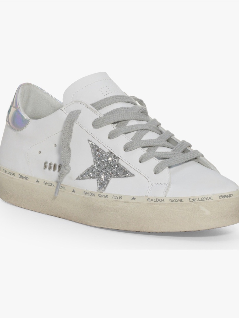 Golden Goose White Leather Hi Star Sneaker with Silver Glitter Star 38